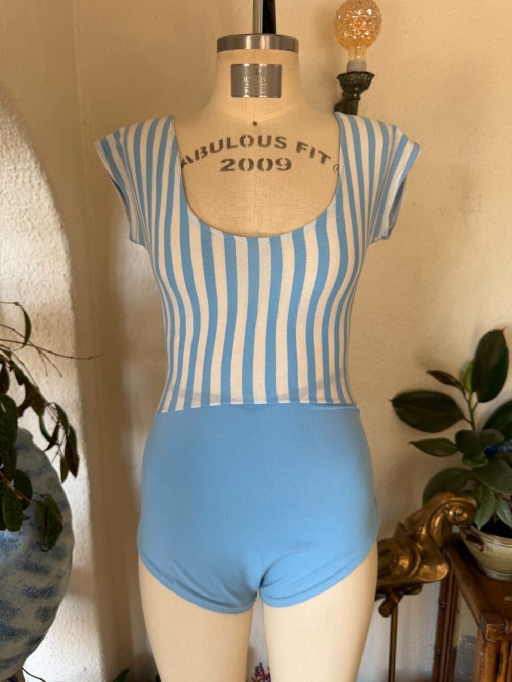 80s Vintage Blue & White Striped Retro Leotard Bodysuit Onesie VTG